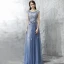 Chic / Belle Robe De Soirée 2017 Bleu D'encre Princesse Longue Volants en Cascade Encolure Dégagée Sans Manches Dos Nu Perle Appliques Fleur Robe De Ceremonie
