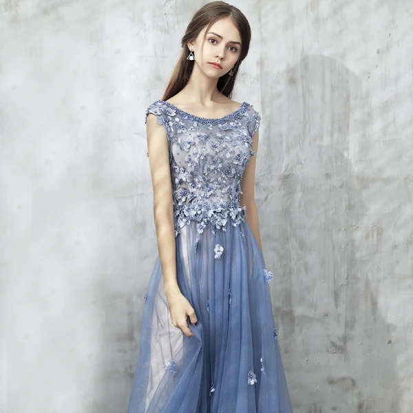 Chic / Belle Robe De Soirée 2017 Bleu D'encre Princesse Longue Volants en Cascade Encolure Dégagée Sans Manches Dos Nu Perle Appliques Fleur Robe De Ceremonie