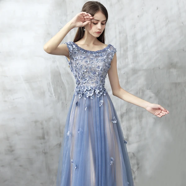 Chic / Belle Robe De Soirée 2017 Bleu D'encre Princesse Longue Volants en Cascade Encolure Dégagée Sans Manches Dos Nu Perle Appliques Fleur Robe De Ceremonie
