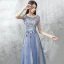 Chic / Belle Robe De Soirée 2017 Bleu D'encre Princesse Longue Volants en Cascade Encolure Dégagée Sans Manches Dos Nu Perle Appliques Fleur Robe De Ceremonie