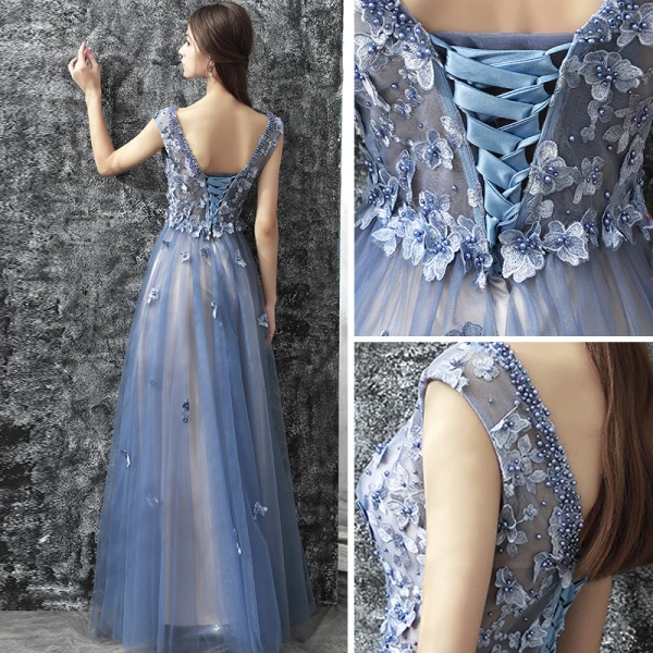 Chic / Belle Robe De Soirée 2017 Bleu D'encre Princesse Longue Volants en Cascade Encolure Dégagée Sans Manches Dos Nu Perle Appliques Fleur Robe De Ceremonie