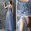 Chic / Belle Robe De Soirée 2017 Bleu D'encre Princesse Longue Volants en Cascade Encolure Dégagée Sans Manches Dos Nu Perle Appliques Fleur Robe De Ceremonie