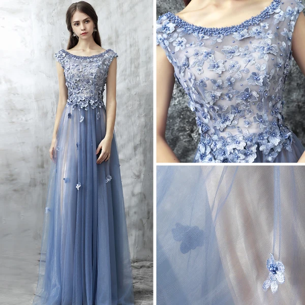 Chic / Belle Robe De Soirée 2017 Bleu D'encre Princesse Longue Volants en Cascade Encolure Dégagée Sans Manches Dos Nu Perle Appliques Fleur Robe De Ceremonie