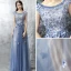 Chic / Belle Robe De Soirée 2017 Bleu D'encre Princesse Longue Volants en Cascade Encolure Dégagée Sans Manches Dos Nu Perle Appliques Fleur Robe De Ceremonie