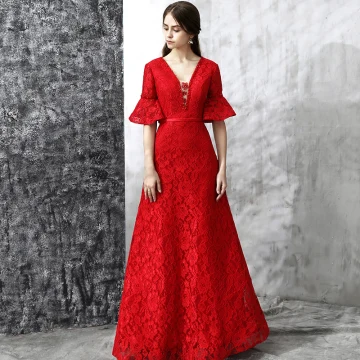 Chic Belle Robe De Soirée 2017 Rouge Princesse Longue V Cou 1 2 Manches Dos Nu Ceinture Perle Cristal Dentelle Robe De Ceremonie