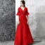 Chic / Beautiful Evening Dresses  2017 Red A-Line / Princess Floor-Length / Long V-Neck 1/2 Sleeves Backless Sash Pearl Crystal Lace Formal Dresses