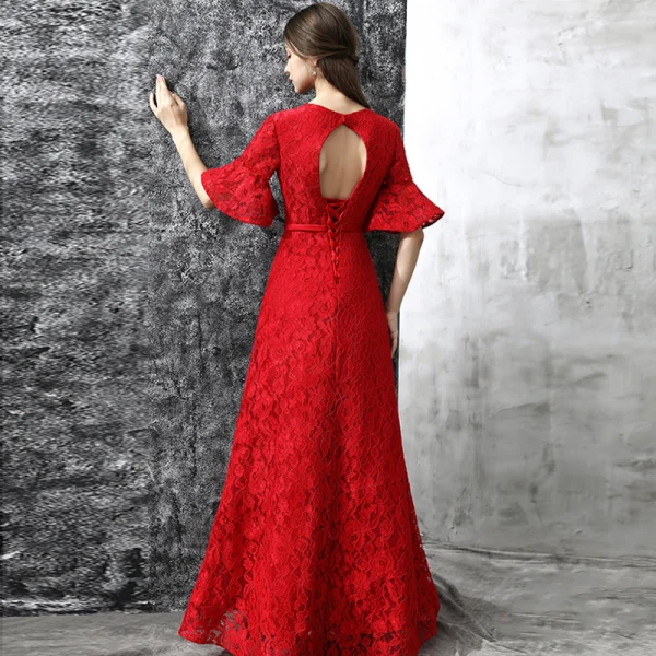 Chic / Beautiful Evening Dresses 2017 Red A-Line / Princess Floor-Length / Long V-Neck 1/2 Sleeves Backless Sash Pearl Crystal Lace Formal Dresses