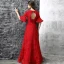 Chic / Beautiful Evening Dresses  2017 Red A-Line / Princess Floor-Length / Long V-Neck 1/2 Sleeves Backless Sash Pearl Crystal Lace Formal Dresses