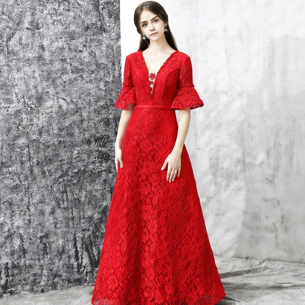 Chic / Beautiful Evening Dresses 2017 Red A-Line / Princess Floor-Length / Long V-Neck 1/2 Sleeves Backless Sash Pearl Crystal Lace Formal Dresses