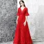 Chic / Beautiful Evening Dresses  2017 Red A-Line / Princess Floor-Length / Long V-Neck 1/2 Sleeves Backless Sash Pearl Crystal Lace Formal Dresses
