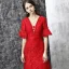 Chic / Beautiful Evening Dresses  2017 Red A-Line / Princess Floor-Length / Long V-Neck 1/2 Sleeves Backless Sash Pearl Crystal Lace Formal Dresses