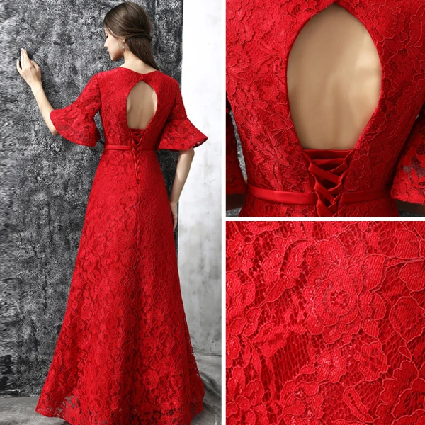 Chic / Beautiful Evening Dresses 2017 Red A-Line / Princess Floor-Length / Long V-Neck 1/2 Sleeves Backless Sash Pearl Crystal Lace Formal Dresses