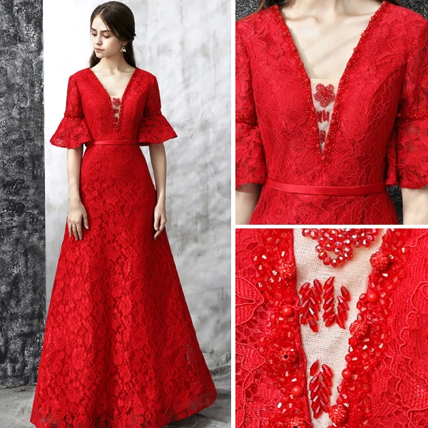Chic / Beautiful Evening Dresses 2017 Red A-Line / Princess Floor-Length / Long V-Neck 1/2 Sleeves Backless Sash Pearl Crystal Lace Formal Dresses