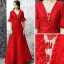 Chic / Beautiful Evening Dresses  2017 Red A-Line / Princess Floor-Length / Long V-Neck 1/2 Sleeves Backless Sash Pearl Crystal Lace Formal Dresses