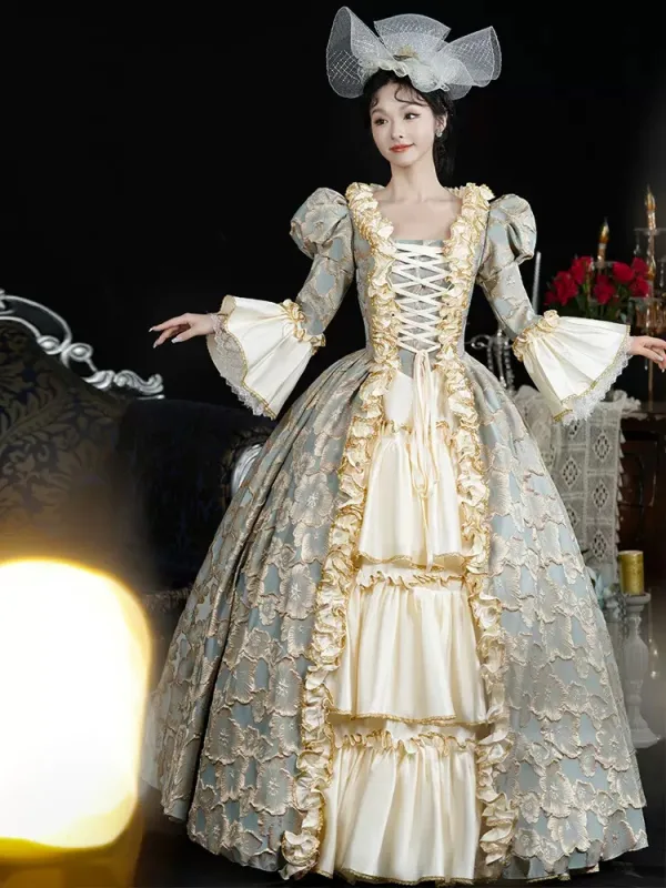 Vintage / Retro Medieval 3D Lace Flower Champagne Prom Dresses 2024 Crossed Straps Floor-Length / Long U-Neck Cosplay Long Sleeve A-Line / Princess Ball Gown Formal Dresses