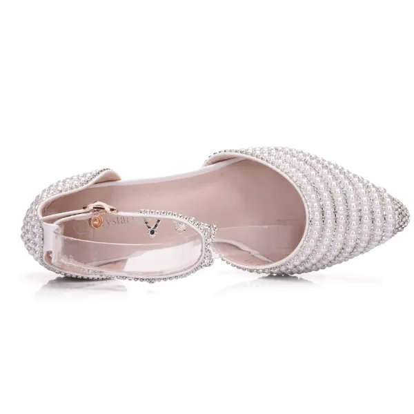 Charmant Weiß Strass Perle Knöchelriemen Brautschuhe 2025 9 cm Stilettos Spitzschuh Hochzeit Hochhackige