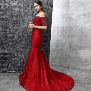 Chic Belle Robe De Soirée 2017 Bordeaux Trompette Sirène Tribunal Train De L Épaule 1 2 Manches Cristal Faux Diamant Dos Nu Dentelle Robe De Ceremonie