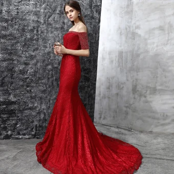 Chic Belle Robe De Soirée 2017 Bordeaux Trompette Sirène Tribunal Train De L Épaule 1 2 Manches Cristal Faux Diamant Dos Nu Dentelle Robe De Ceremonie