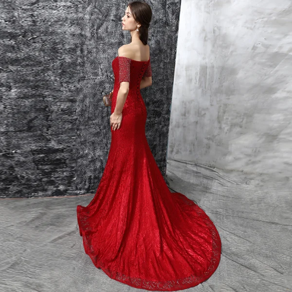 Chic / Belle Robe De Soirée 2017 Bordeaux Trompette / Sirène Tribunal Train De l'épaule 1/2 Manches Cristal Faux Diamant Dos Nu Dentelle Robe De Ceremonie