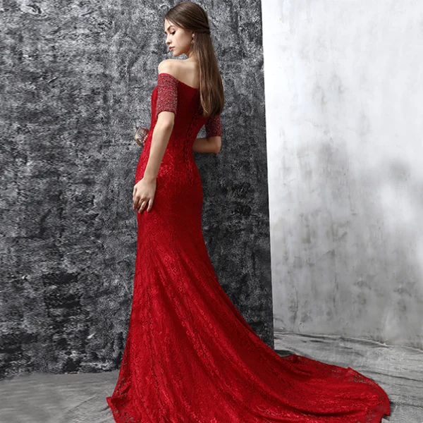 Chic / Belle Robe De Soirée 2017 Bordeaux Trompette / Sirène Tribunal Train De l'épaule 1/2 Manches Cristal Faux Diamant Dos Nu Dentelle Robe De Ceremonie