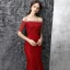 Chic / Belle Robe De Soirée 2017 Bordeaux Trompette / Sirène Tribunal Train De l'épaule 1/2 Manches Cristal Faux Diamant Dos Nu Dentelle Robe De Ceremonie
