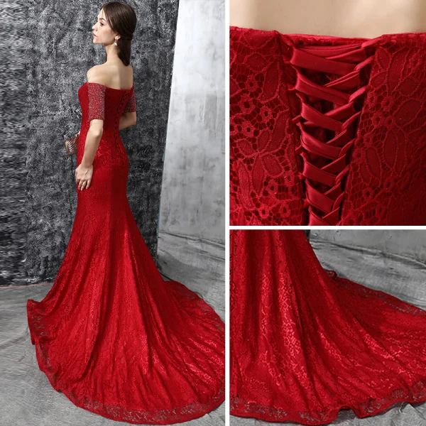 Chic / Belle Robe De Soirée 2017 Bordeaux Trompette / Sirène Tribunal Train De l'épaule 1/2 Manches Cristal Faux Diamant Dos Nu Dentelle Robe De Ceremonie