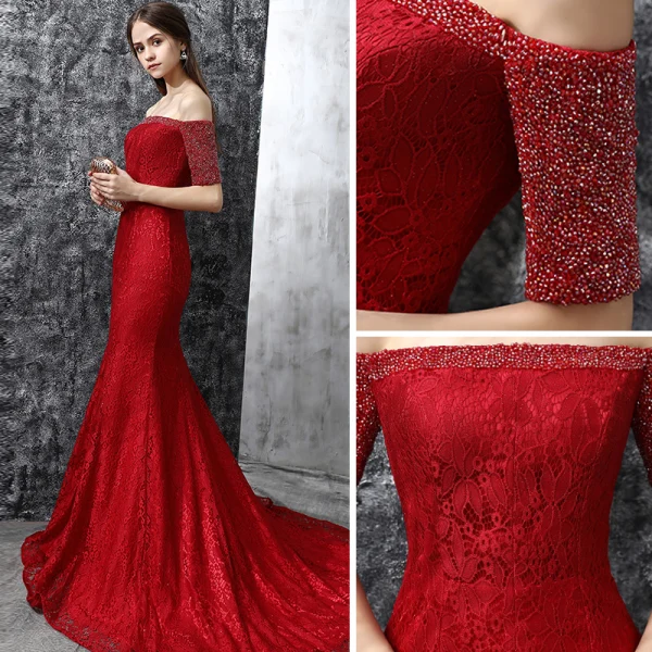 Chic / Belle Robe De Soirée 2017 Bordeaux Trompette / Sirène Tribunal Train De l'épaule 1/2 Manches Cristal Faux Diamant Dos Nu Dentelle Robe De Ceremonie