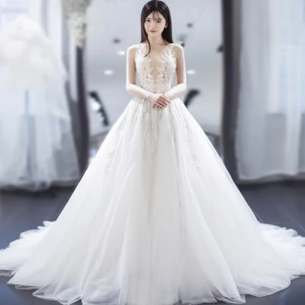 Moderne Mode Ivoire Transparentes Robe De Mariée 2018 Princesse V Cou Sans Manches Dos Nu Appliques En Dentelle Percé Volants Chapel Train