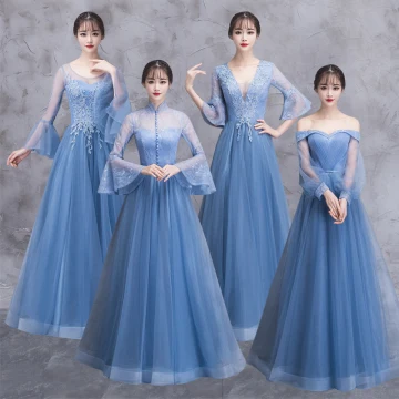 Elegant Ocean Blue See Through Bridesmaid Dresses 2018 A Line Princess Long Sleeve Appliques Lace Floor Length Long Ruffle Backless Wedding Party Dresses