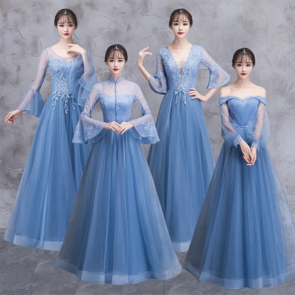 Elegant Ocean Blue See-through Bridesmaid Dresses 2018 A-Line / Princess Long Sleeve Appliques Lace Floor-Length / Long Ruffle Backless Wedding Party Dresses