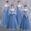 Elegant Ocean Blue See-through Bridesmaid Dresses 2018 A-Line / Princess Long Sleeve Appliques Lace Floor-Length / Long Ruffle Backless Wedding Party Dresses