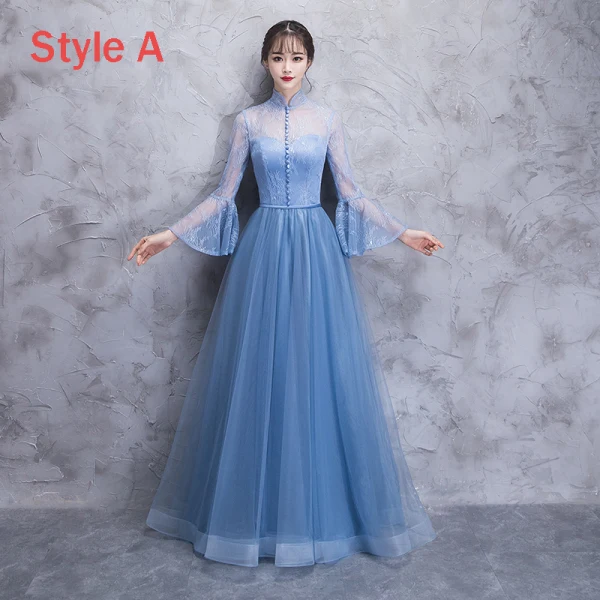 Elegant Ocean Blue See-through Bridesmaid Dresses 2018 A-Line / Princess Long Sleeve Appliques Lace Floor-Length / Long Ruffle Backless Wedding Party Dresses