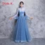 Elegant Ocean Blue See-through Bridesmaid Dresses 2018 A-Line / Princess Long Sleeve Appliques Lace Floor-Length / Long Ruffle Backless Wedding Party Dresses