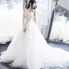 Modern / Fashion Ivory See-through Wedding Dresses 2018 A-Line / Princess V-Neck Sleeveless Backless Appliques Lace Pierced Ruffle Chapel Train