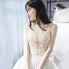 Modern / Fashion Ivory See-through Wedding Dresses 2018 A-Line / Princess V-Neck Sleeveless Backless Appliques Lace Pierced Ruffle Chapel Train