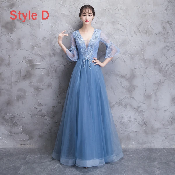 Elegant Ocean Blue See-through Bridesmaid Dresses 2018 A-Line / Princess Long Sleeve Appliques Lace Floor-Length / Long Ruffle Backless Wedding Party Dresses