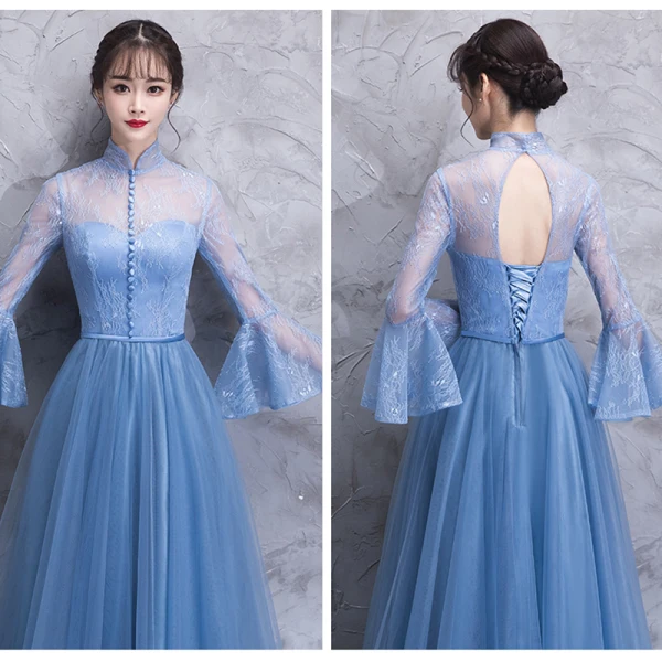 Elegant Ocean Blue See-through Bridesmaid Dresses 2018 A-Line / Princess Long Sleeve Appliques Lace Floor-Length / Long Ruffle Backless Wedding Party Dresses