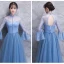 Elegant Ocean Blue See-through Bridesmaid Dresses 2018 A-Line / Princess Long Sleeve Appliques Lace Floor-Length / Long Ruffle Backless Wedding Party Dresses