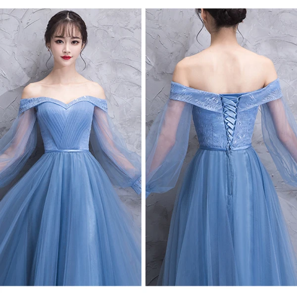 Elegant Ocean Blue See-through Bridesmaid Dresses 2018 A-Line / Princess Long Sleeve Appliques Lace Floor-Length / Long Ruffle Backless Wedding Party Dresses