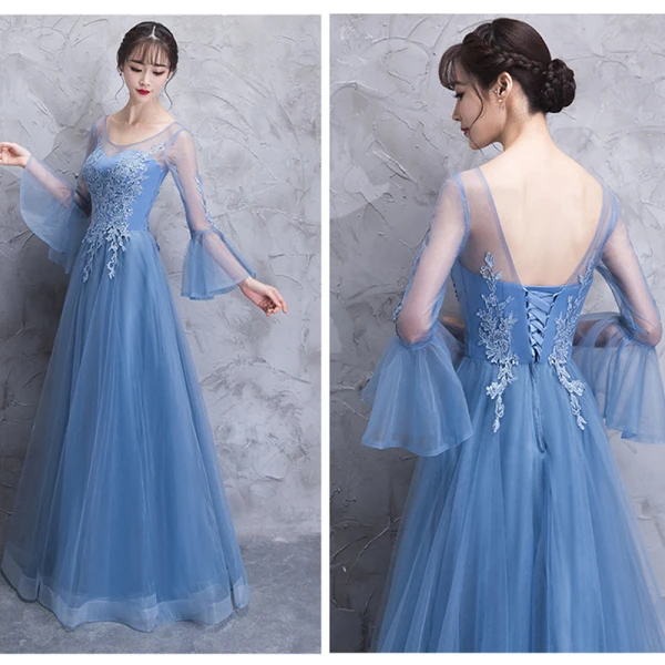 Elegant Ocean Blue See-through Bridesmaid Dresses 2018 A-Line / Princess Long Sleeve Appliques Lace Floor-Length / Long Ruffle Backless Wedding Party Dresses