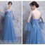 Elegant Ocean Blue See-through Bridesmaid Dresses 2018 A-Line / Princess Long Sleeve Appliques Lace Floor-Length / Long Ruffle Backless Wedding Party Dresses