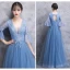 Elegant Ocean Blue See-through Bridesmaid Dresses 2018 A-Line / Princess Long Sleeve Appliques Lace Floor-Length / Long Ruffle Backless Wedding Party Dresses