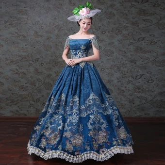 Vintage Retro Medieval Ink Blue Ball Gown Prom Dresses 2021 Strapless Short Sleeve Floor Length Long Zipper Up 3d Lace Embroidered Handmade Cosplay Prom Formal Dresses