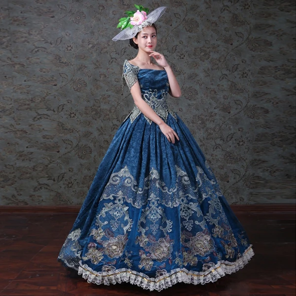 Vintage / Retro Medieval Ink Blue Ball Gown Prom Dresses 2021 Strapless Short Sleeve Floor-Length / Long Zipper Up 3D Lace Embroidered Handmade Cosplay Prom Formal Dresses
