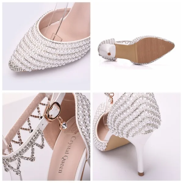 Charmant Weiß Strass Perle Brautschuhe 2025 Knöchelriemen 9 cm Stilettos Spitzschuh Hochzeit Hochhackige