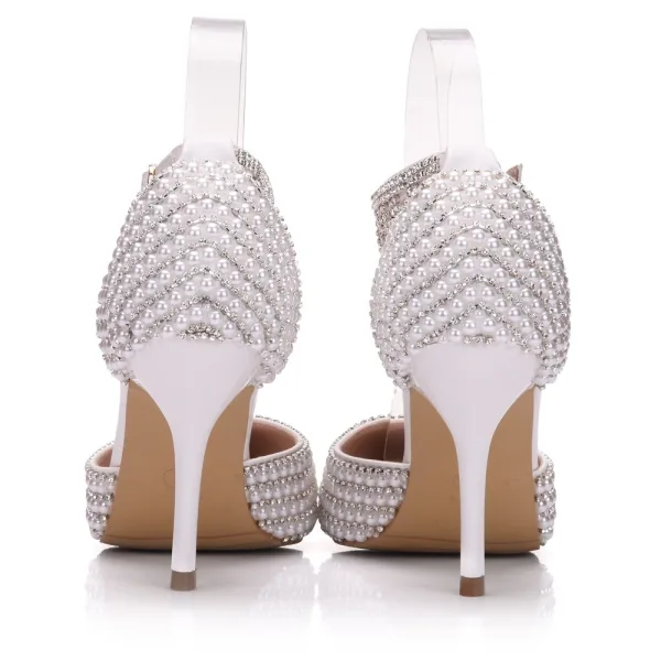 Charmant Weiß Strass Perle Brautschuhe 2025 Knöchelriemen 9 cm Stilettos Spitzschuh Hochzeit Hochhackige