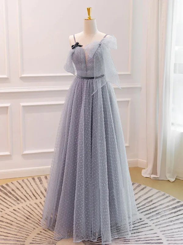 Charmant Gris Tachetée Robe De Bal 2024 Princesse Bretelles Spaghetti Sans Manches Dos Nu Noeud Ceinture Longue Robe De Ceremonie