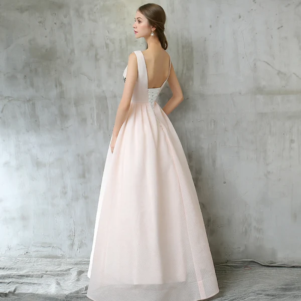 Chic / Beautiful Evening Dresses 2017 Blushing Pink A-Line / Princess Floor-Length / Long Scoop Neck Sleeveless Backless Appliques Flower Formal Dresses