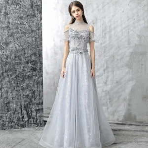 Chic Belle Robe De Soirée 2017 Gris Princesse Longue Volants En Cascade Col Haut Manches Courtes Dos Nu Percé Appliques Fleur Perle Faux Diamant Robe De Ceremonie
