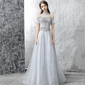 Chic Belle Robe De Soirée 2017 Gris Princesse Longue Volants En Cascade Col Haut Manches Courtes Dos Nu Percé Appliques Fleur Perle Faux Diamant Robe De Ceremonie